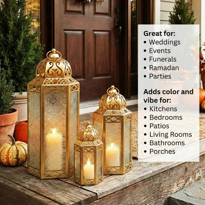Set of 3 Clear Glass & Gold Metal Moroccan Candle Lantern Holders (XL, Large, Small) - Decorative Indoor/Outdoor Decor for Patio, Floor, Weddings & Ramadan - Gold 3 unidades - PT02