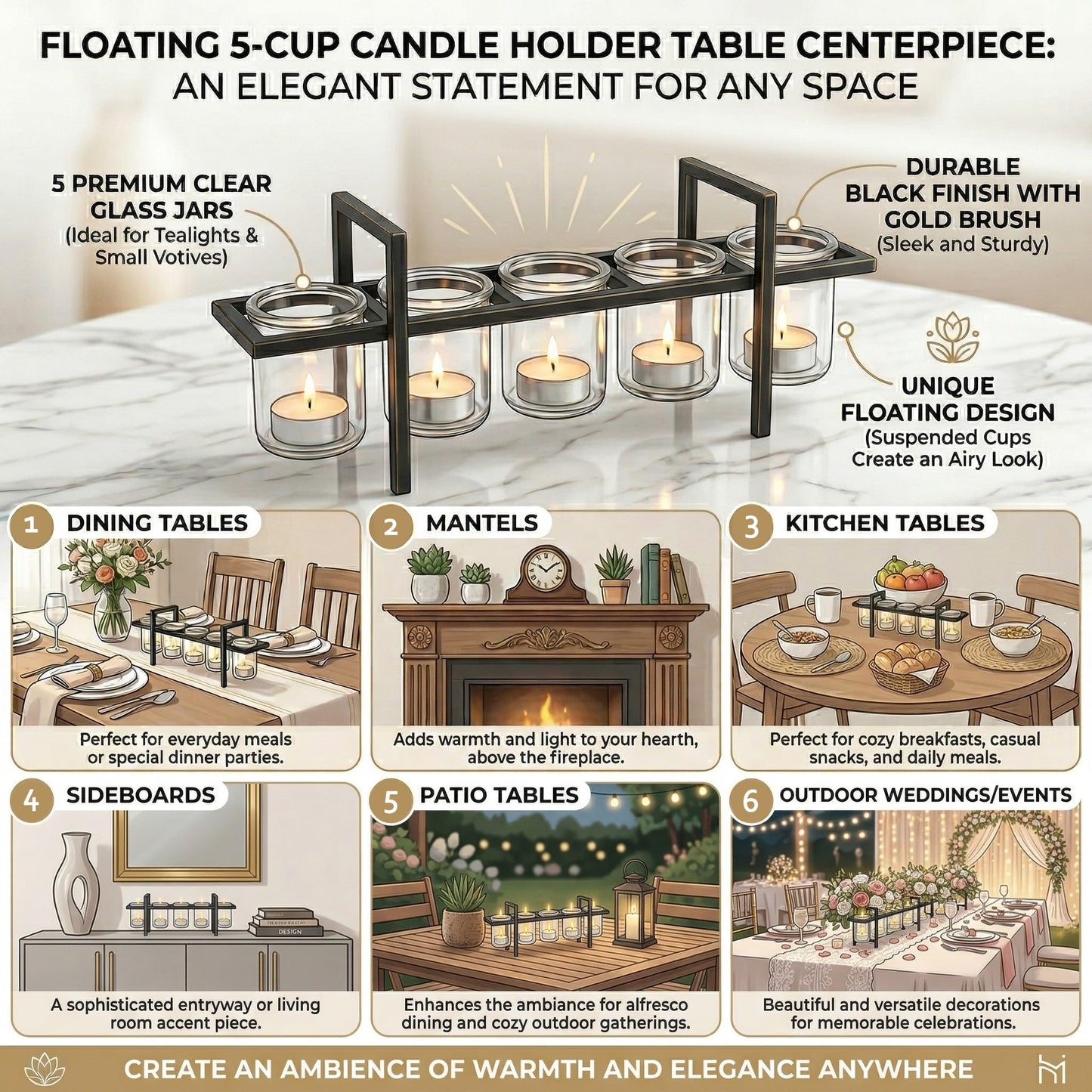 5-Cup Rustic Modern Floating Candle Holder Table Centerpiece Decoration for Dining Room, Kitchen, Patio, Weddings, Metal Iron with Glass Cups, 16" Long - Black 5-cup - PT07