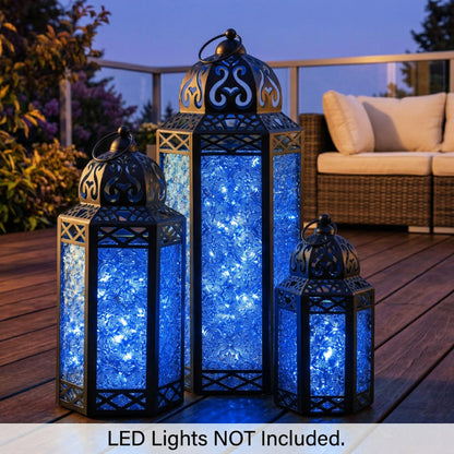 Set of 3 Blue Glass & Black Metal Moroccan Candle Lantern Holders (XL, Large, Small) - Decorative Indoor/Outdoor Decor for Patio, Floor, Weddings & Ramadan - Blue XL-LAR-SM - PT06