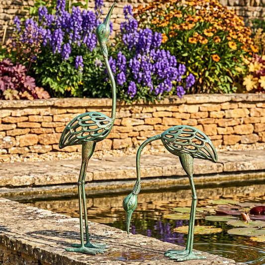 Cast Iron Metal Crane/Heron Bird Garden Art Sculptures Statues for Indoor or Outdoor Lawn Decor, Antique Green, Set of 2 - Antique Green Garden Crane Set of 2 - MAIN