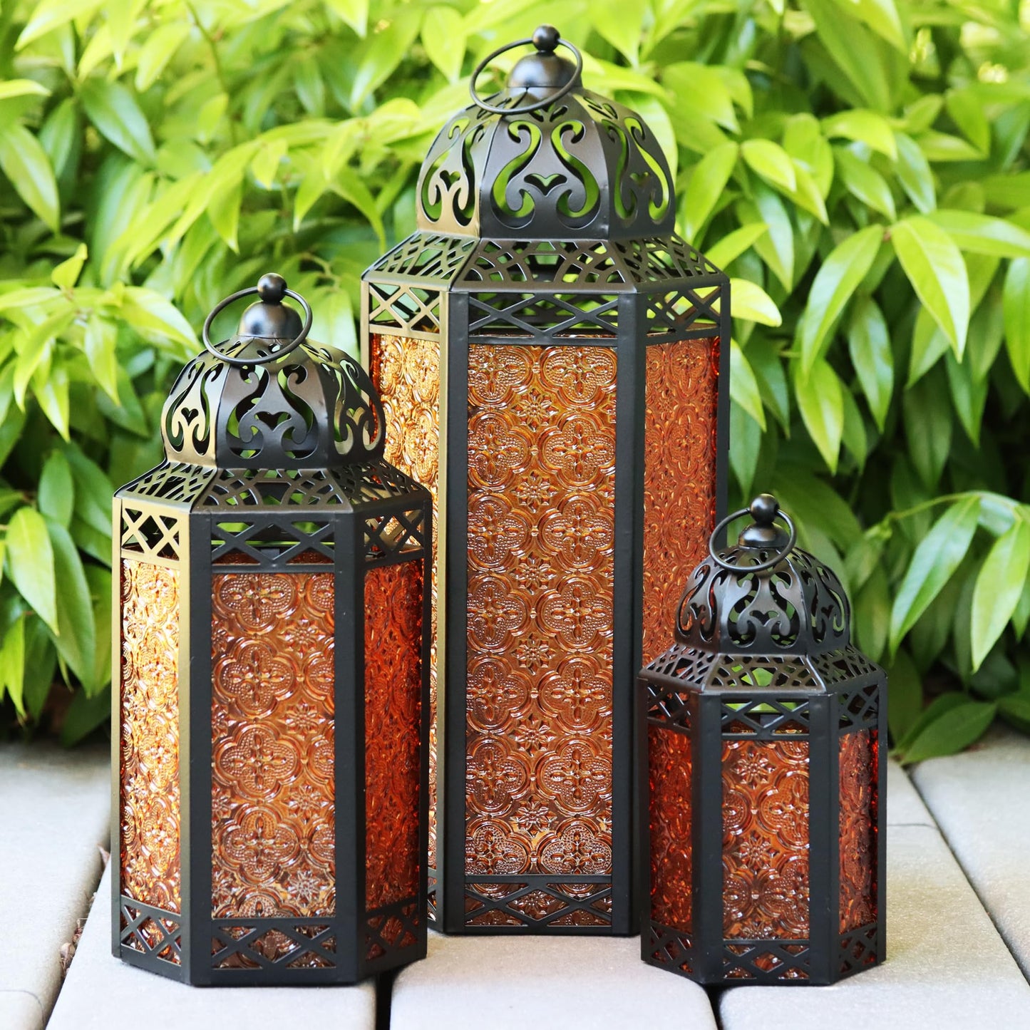 Set of 3 Amber/Orange Glass & Black Metal Moroccan Candle Lantern Holders (XL, Large, Small) - Decorative Indoor/Outdoor Decor for Patio, Floor, Weddings & Rama - Amber XL-LAR-SM - PT03