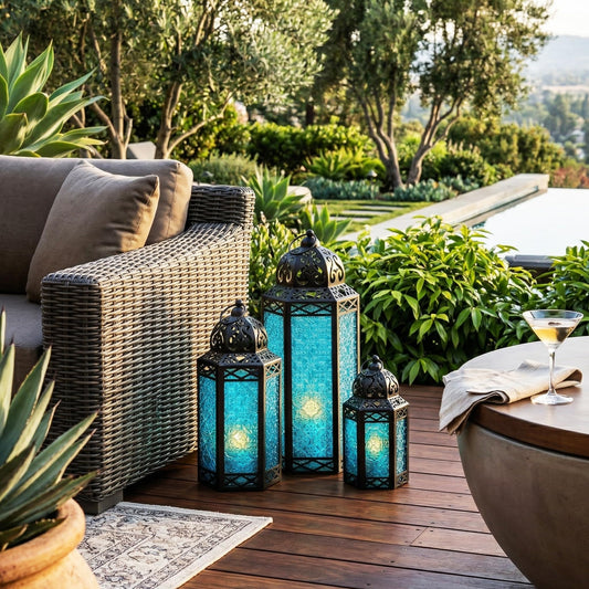 Set of 3 Blue Glass & Black Metal Moroccan Candle Lantern Holders (XL, Large, Small) - Decorative Indoor/Outdoor Decor for Patio, Floor, Weddings & Ramadan - Blue XL-LAR-SM - PT01