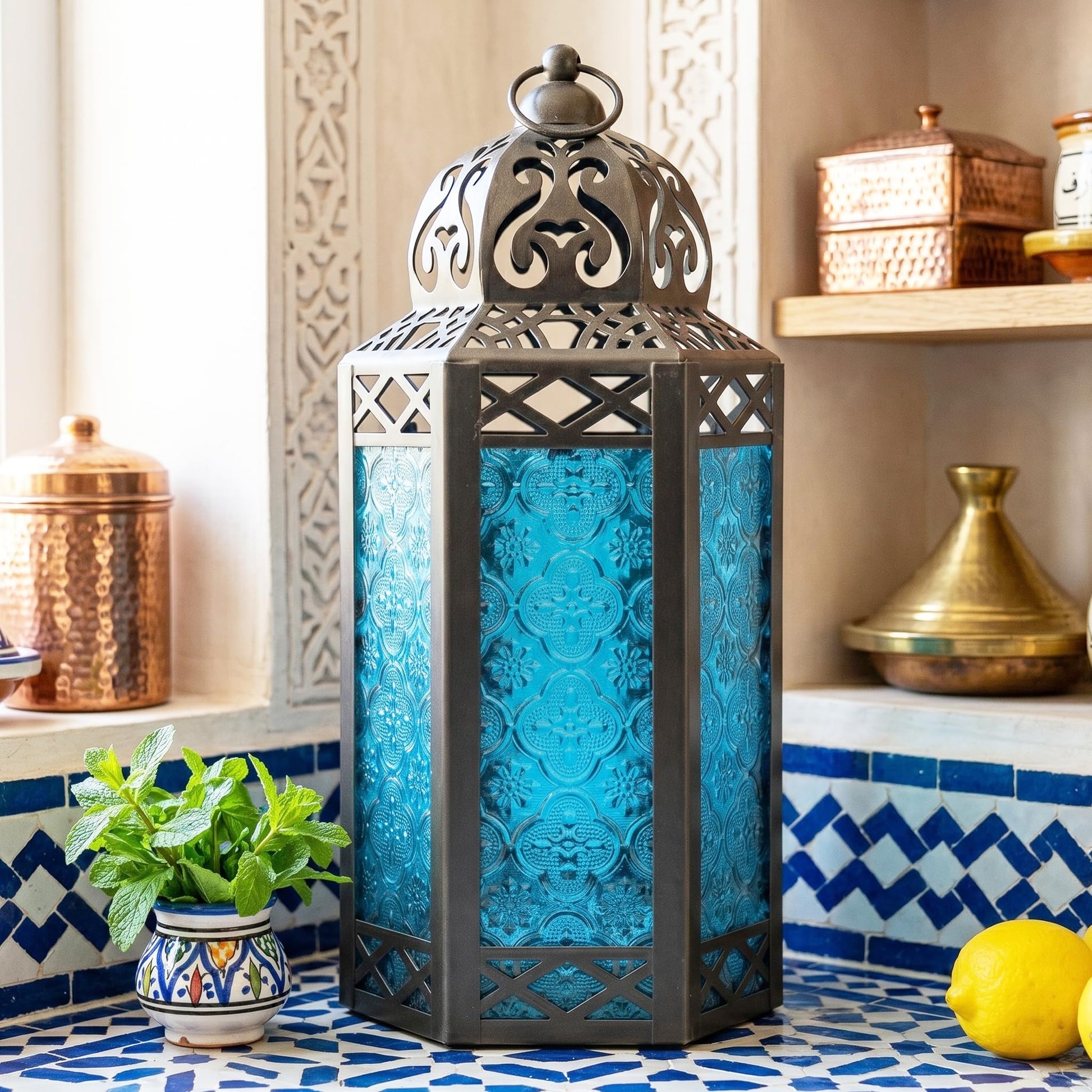 Black Metal Decorative Moroccan Lantern Candle Holder Lamp - Indoor/Outdoor, Home Decor, Patio, Weddings, Christmas - Blue Large - PT06