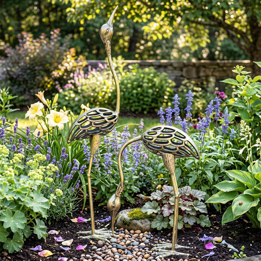 Cast Iron Metal Crane/Heron Bird Garden Sculptures Statues for Indoor or Outdoor Lawn Decor, Rustic Bronze, Set of 2 - Rustic Bronze Garden Crane Set of 2 - PT01