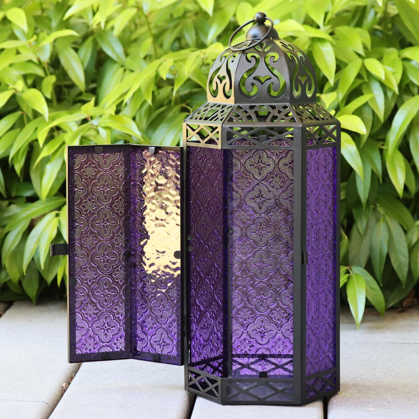 Black Metal Decorative Moroccan Lantern Candle Holder Lamp - Indoor/Outdoor, Home Decor, Patio, Weddings, Christmas - Purple Extra Large - PT02