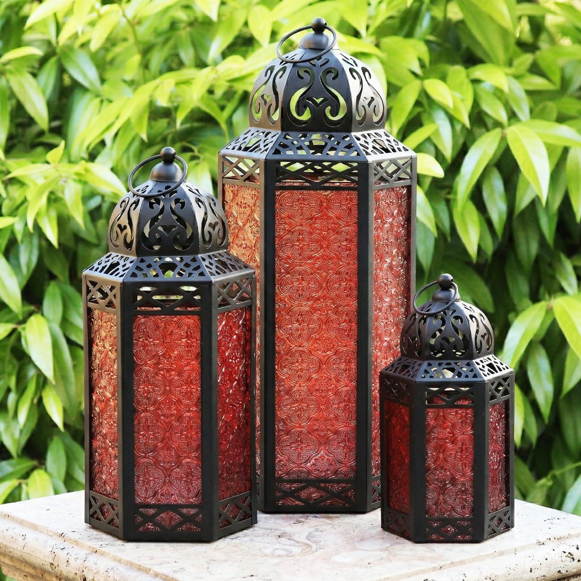 Set of 3 Red Glass & Black Metal Moroccan Candle Lantern Holders (XL, Large, Small) - Decorative Indoor/Outdoor Decor for Patio, Floor, Weddings & Ramadan - Red XL-LAR-SM - MAIN