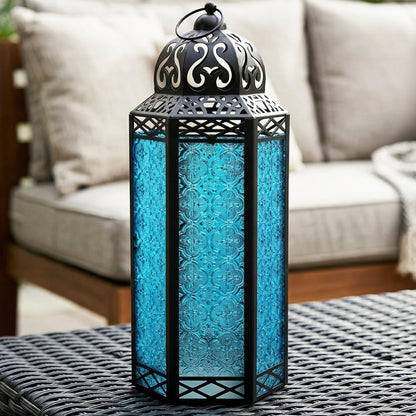 Black Metal Decorative Moroccan Lantern Candle Holder Lamp - Indoor/Outdoor, Home Decor, Patio, Weddings, Christmas - Blue Extra Large - PT01