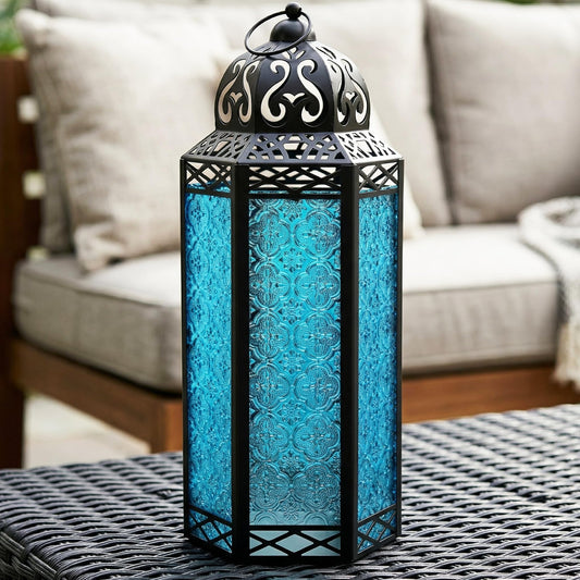 Black Metal Decorative Moroccan Lantern Candle Holder Lamp - Indoor/Outdoor, Home Decor, Patio, Weddings, Christmas - Blue Extra Large - PT01