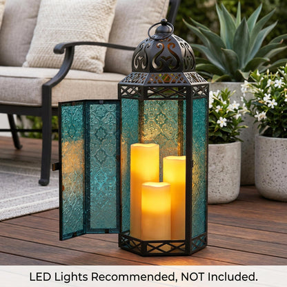 Black Metal Decorative Moroccan Lantern Candle Holder Lamp - Indoor/Outdoor, Home Decor, Patio, Weddings, Christmas - Blue Extra Large - PT05