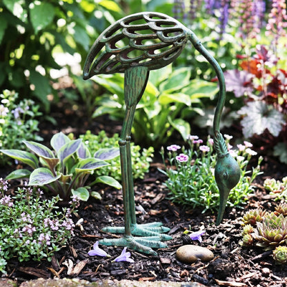 Cast Iron Metal Crane/Heron Bird Garden Art Sculptures Statues for Indoor or Outdoor Lawn Decor, Antique Green, Set of 2 - Antique Green Garden Crane Set of 2 - PT07