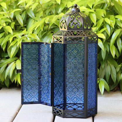 Black Metal Decorative Moroccan Lantern Candle Holder Lamp - Indoor/Outdoor, Home Decor, Patio, Weddings, Christmas - Cobalt Extra Large - PT02