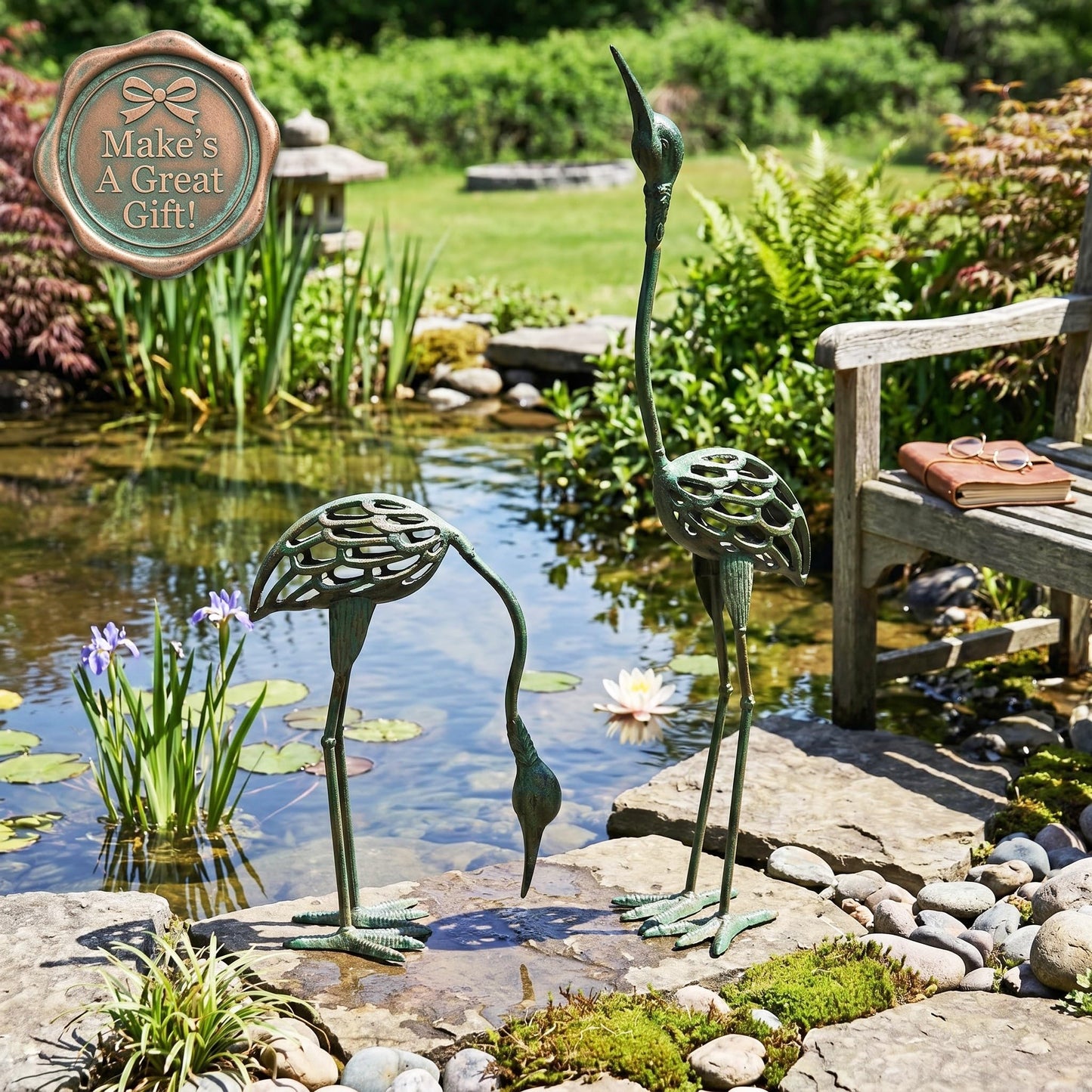 Cast Iron Metal Crane/Heron Bird Garden Art Sculptures Statues for Indoor or Outdoor Lawn Decor, Antique Green, Set of 2 - Antique Green Garden Crane Set of 2 - PT04