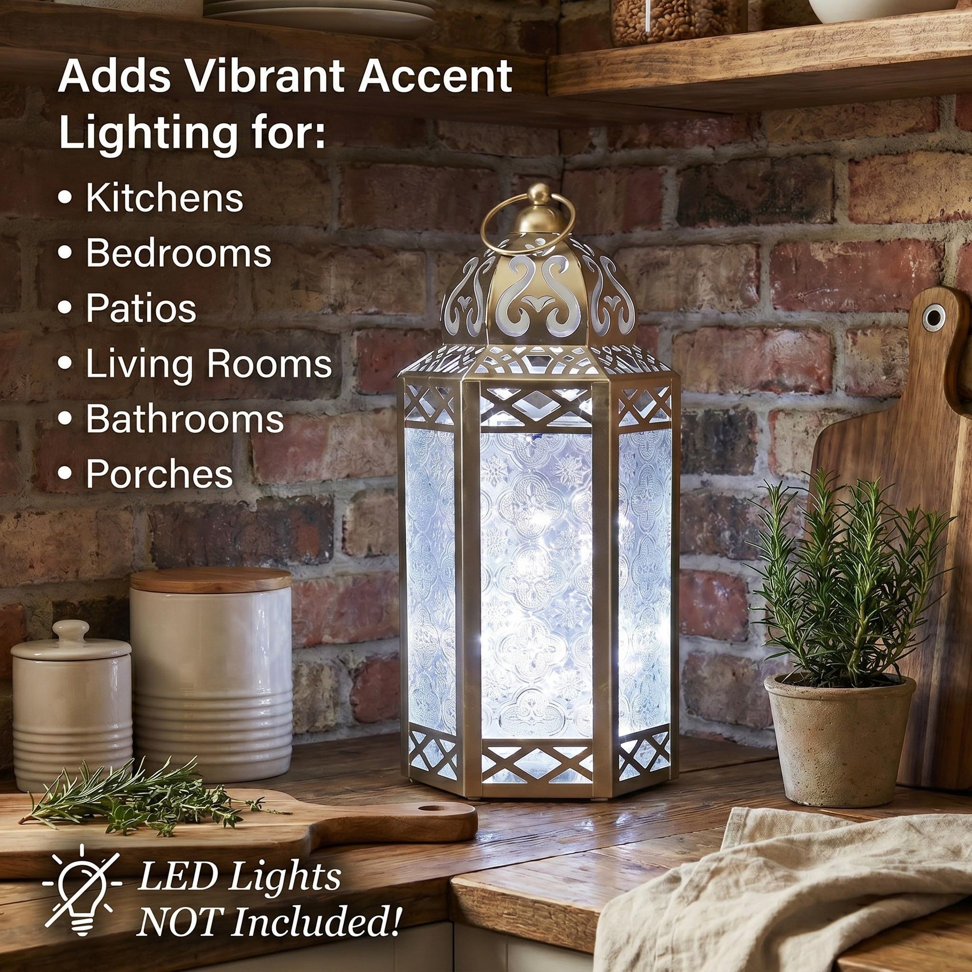 Black Metal Decorative Moroccan Lantern Candle Holder Lamp - Indoor/Outdoor, Home Decor, Patio, Weddings, Christmas - White Gold Large - PT04