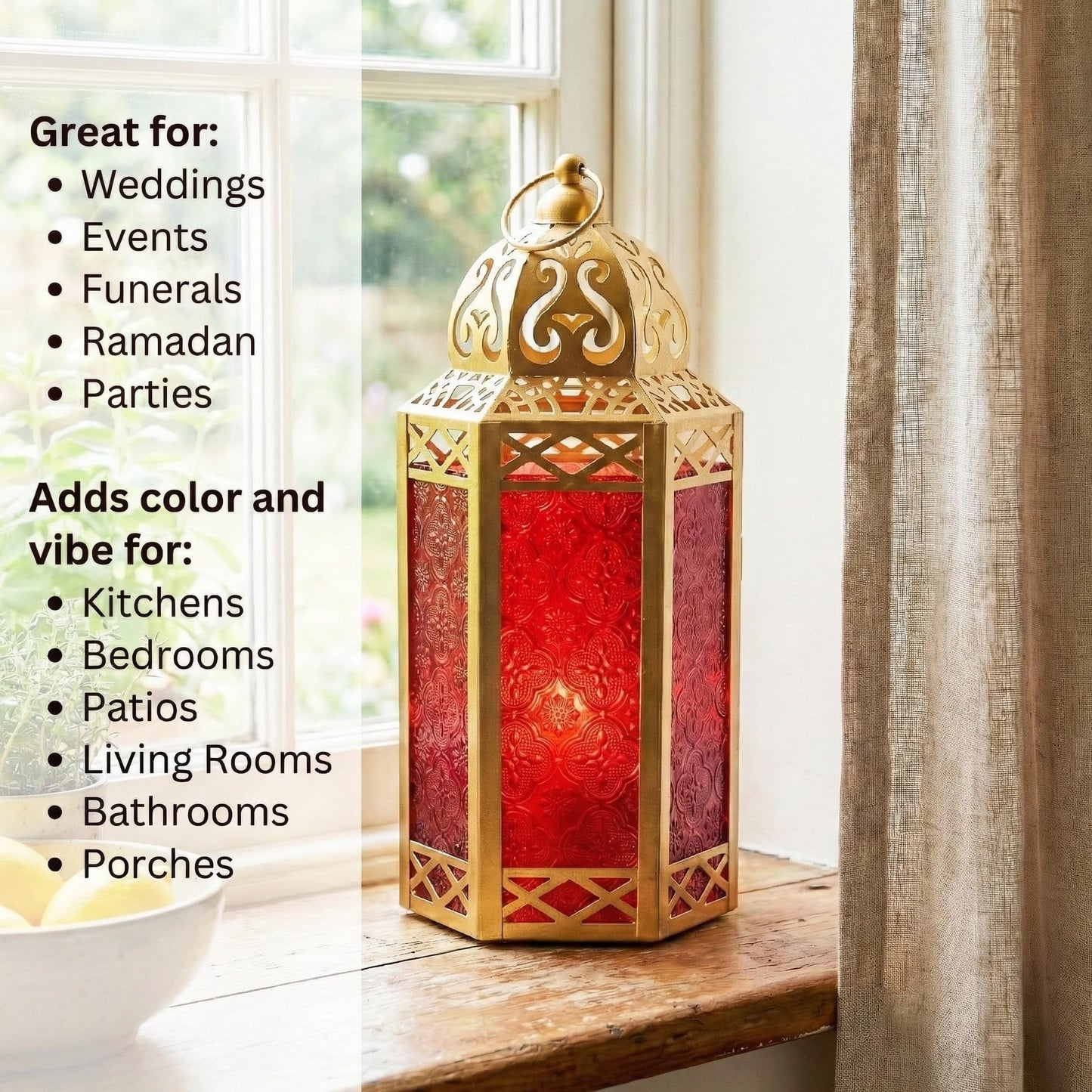 Gold Metal Decorative Moroccan Lantern Candle Holder Lamp - Indoor/Outdoor, Home Decor, Patio, Weddings, Christmas - Gold/Red Large - PT04