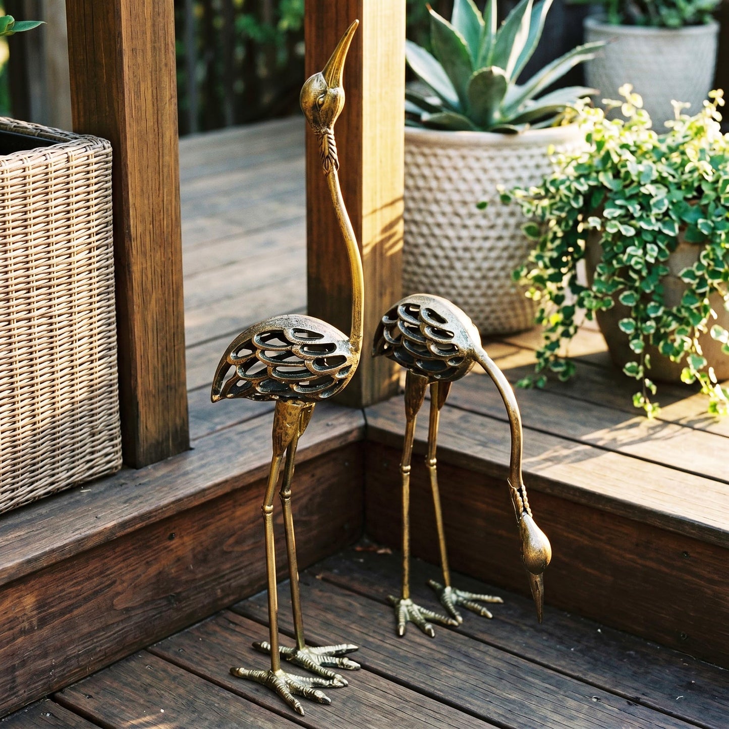 Cast Iron Metal Crane/Heron Bird Garden Sculptures Statues for Indoor or Outdoor Lawn Decor, Rustic Bronze, Set of 2 - Rustic Bronze Garden Crane Set of 2 - PT05
