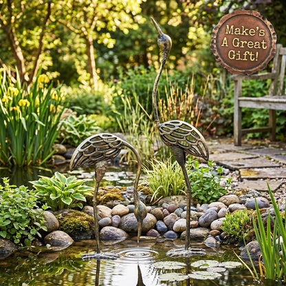 Cast Iron Metal Crane/Heron Bird Garden Sculptures Statues for Indoor or Outdoor Lawn Decor, Rustic Bronze, Set of 2 - Rustic Bronze Garden Crane Set of 2 - PT02