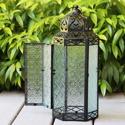 Black Metal Decorative Moroccan Lantern Candle Holder Lamp - Indoor/Outdoor, Home Decor, Patio, Weddings, Christmas - Clear Extra Large - PT02