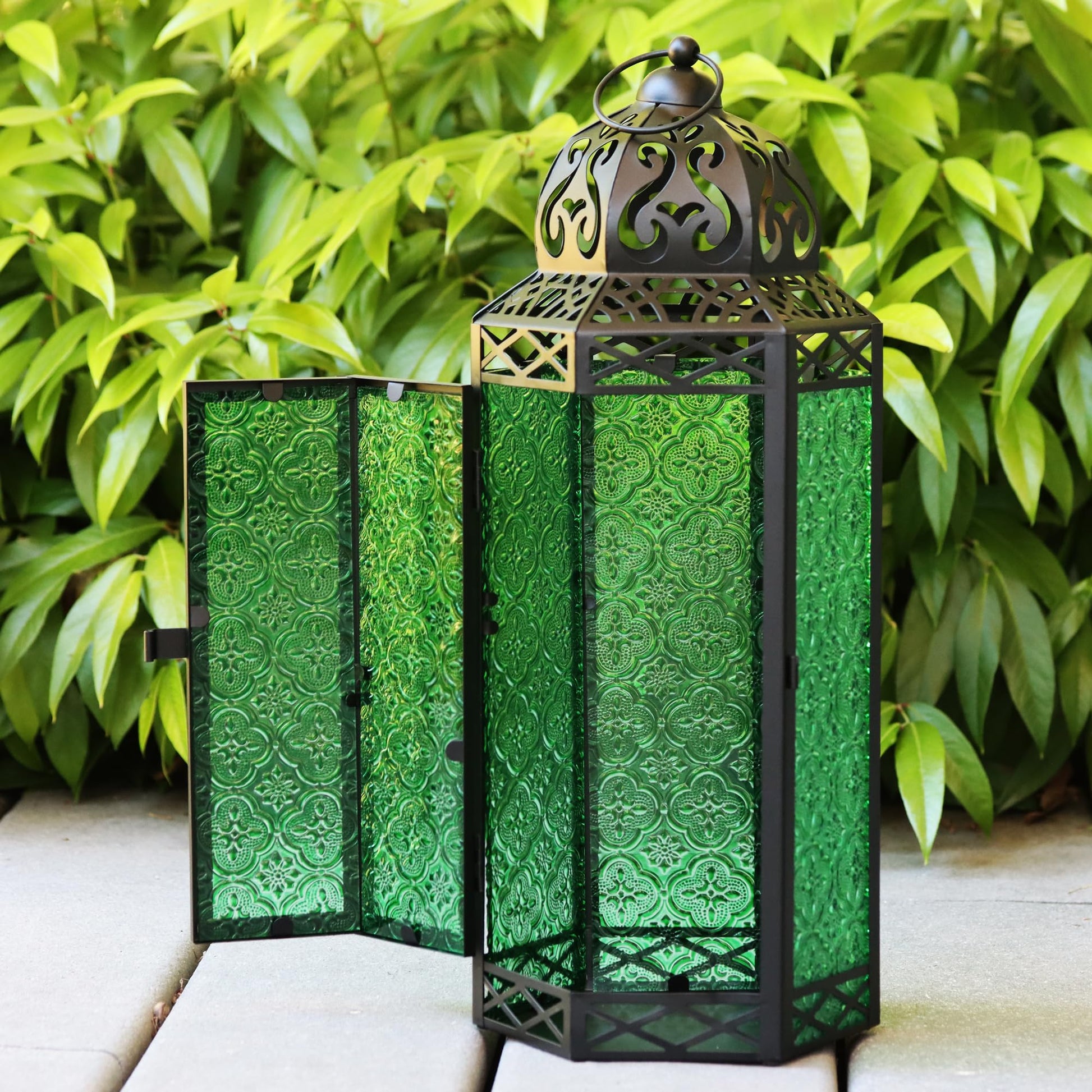 Black Metal Decorative Moroccan Lantern Candle Holder Lamp - Indoor/Outdoor, Home Decor, Patio, Weddings, Christmas - Green Extra Large - PT02