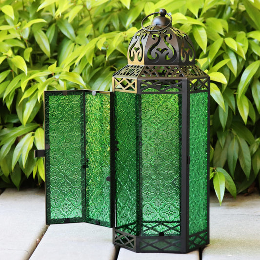 Black Metal Decorative Moroccan Lantern Candle Holder Lamp - Indoor/Outdoor, Home Decor, Patio, Weddings, Christmas - Green Extra Large - PT02