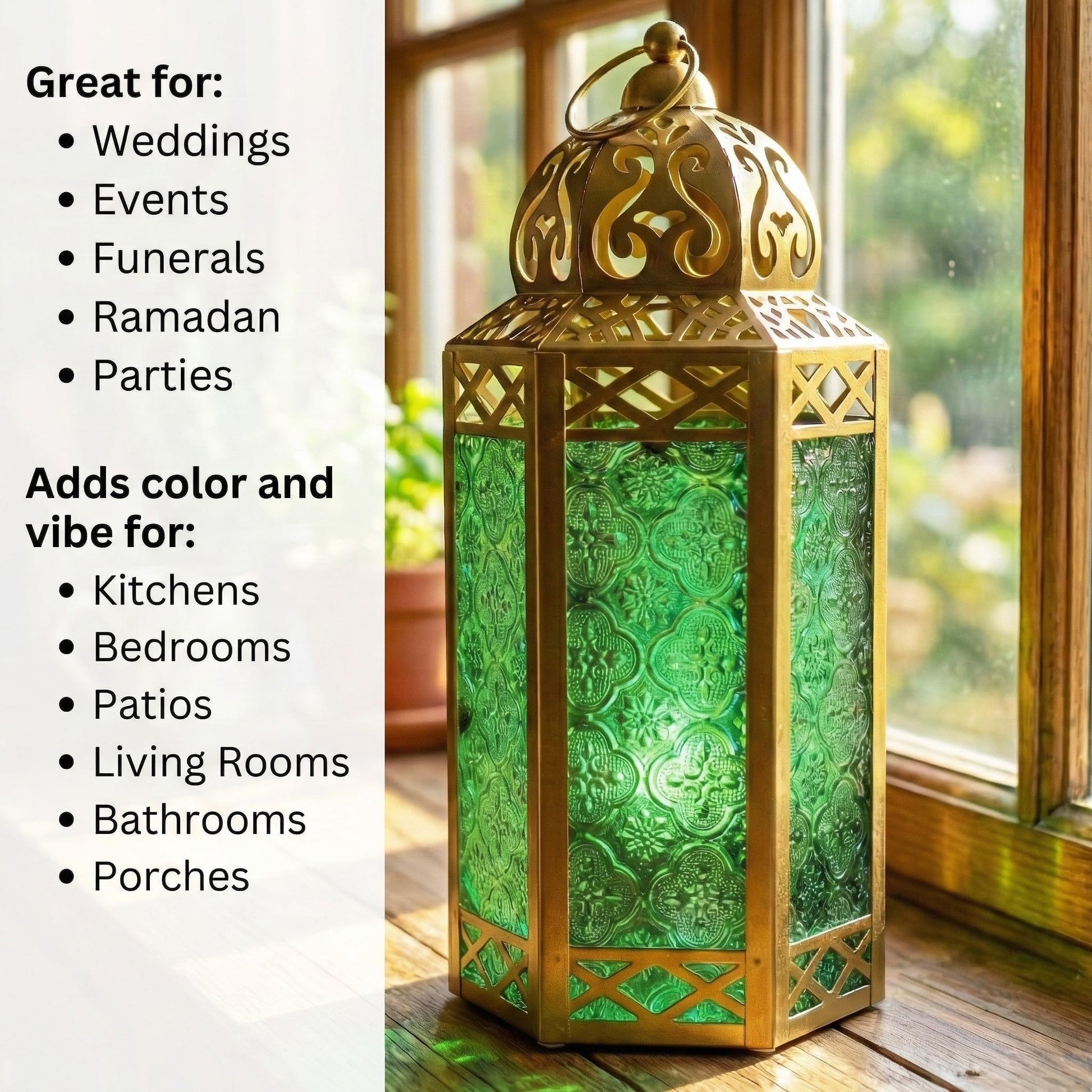 Gold Metal Decorative Moroccan Lantern Candle Holder Lamp - Indoor/Outdoor, Home Decor, Patio, Weddings, Christmas - Gold/Green Large - PT01