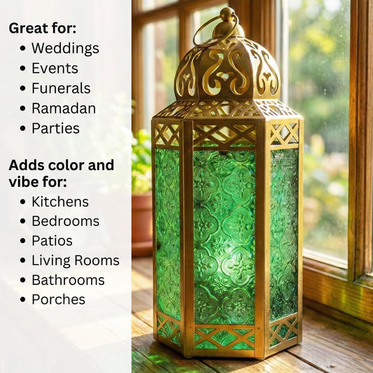 Gold Metal Decorative Moroccan Lantern Candle Holder Lamp - Indoor/Outdoor, Home Decor, Patio, Weddings, Christmas - Gold/Green Large - PT01