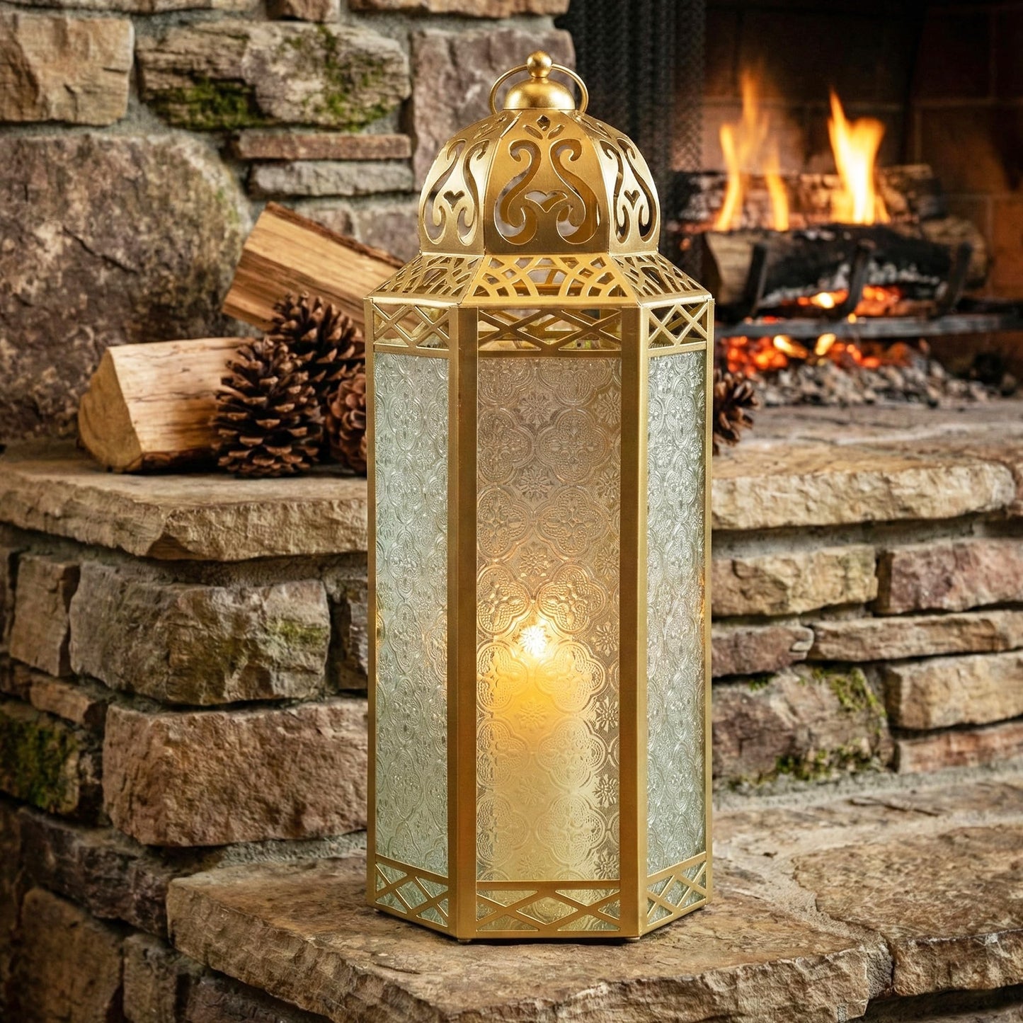 Gold Metal Decorative Moroccan Lantern Candle Holder Lamp - Indoor/Outdoor, Home Decor, Patio, Weddings, Christmas - Gold Extra Large - PT07