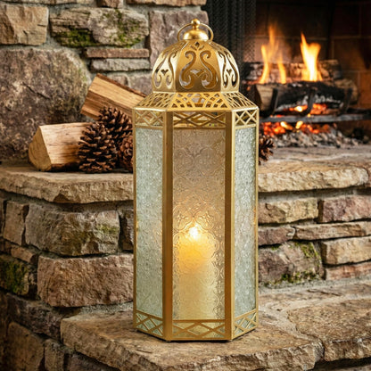 Gold Metal Decorative Moroccan Lantern Candle Holder Lamp - Indoor/Outdoor, Home Decor, Patio, Weddings, Christmas - Gold Extra Large - PT07