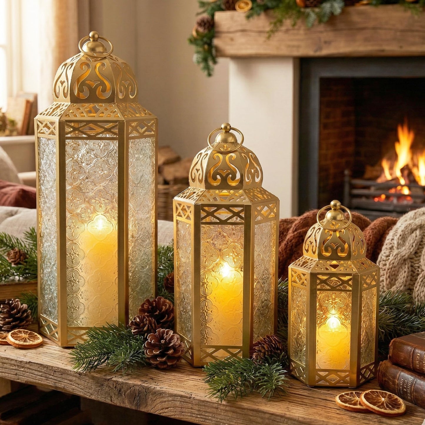Set of 3 Clear Glass & Gold Metal Moroccan Candle Lantern Holders (XL, Large, Small) - Decorative Indoor/Outdoor Decor for Patio, Floor, Weddings & Ramadan - Gold 3 unidades - PT01