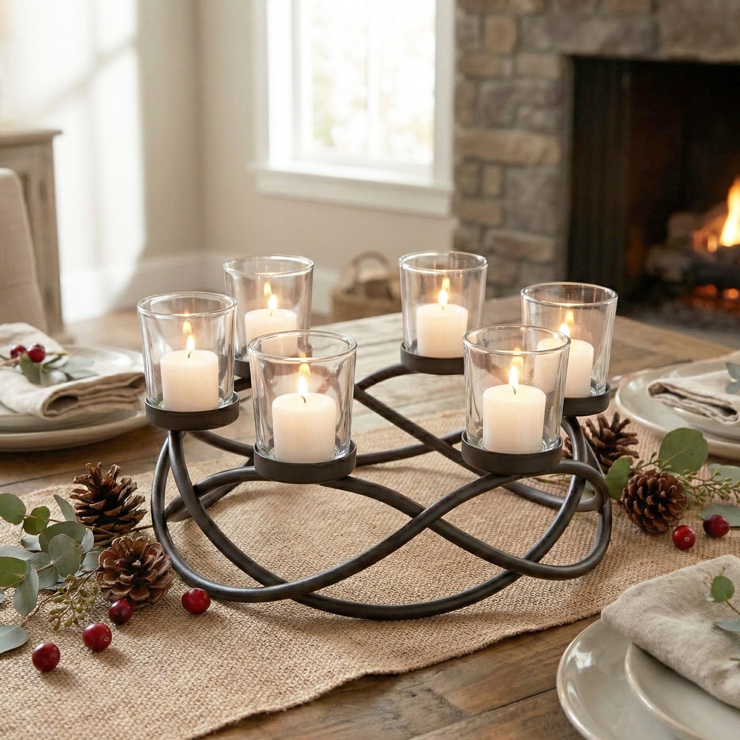 6-Cup Round Candle Holder Table Centerpiece, Clear Cups
