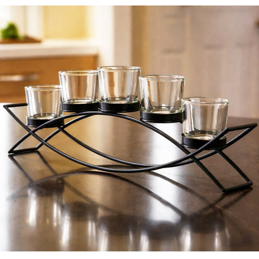 5-Cup Arch Candle Holder Centerpiece, Black with Clear Cups