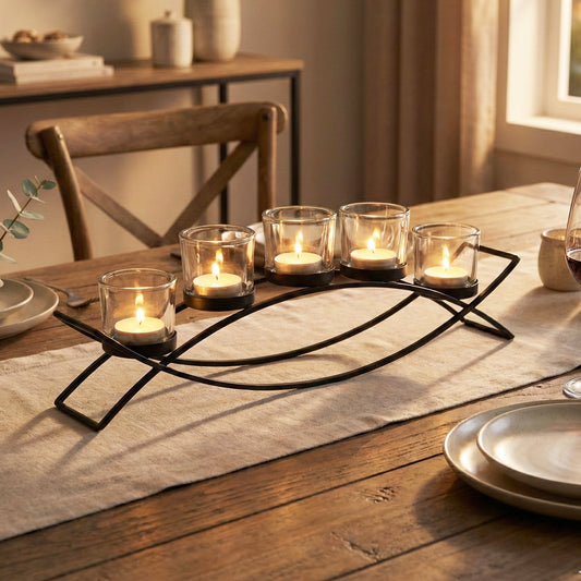 5-Cup Arch Candle Holder Centerpiece, Black with Clear Cups