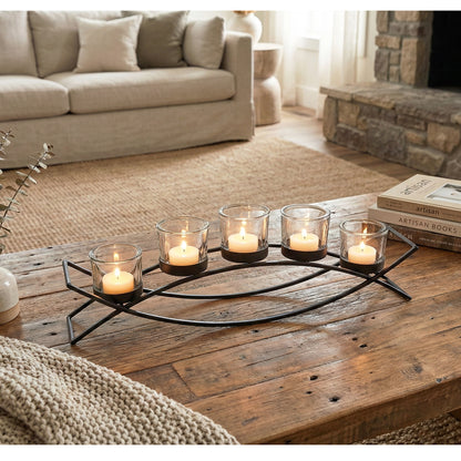 5-Cup Arch Candle Holder Centerpiece, Black with Clear Cups