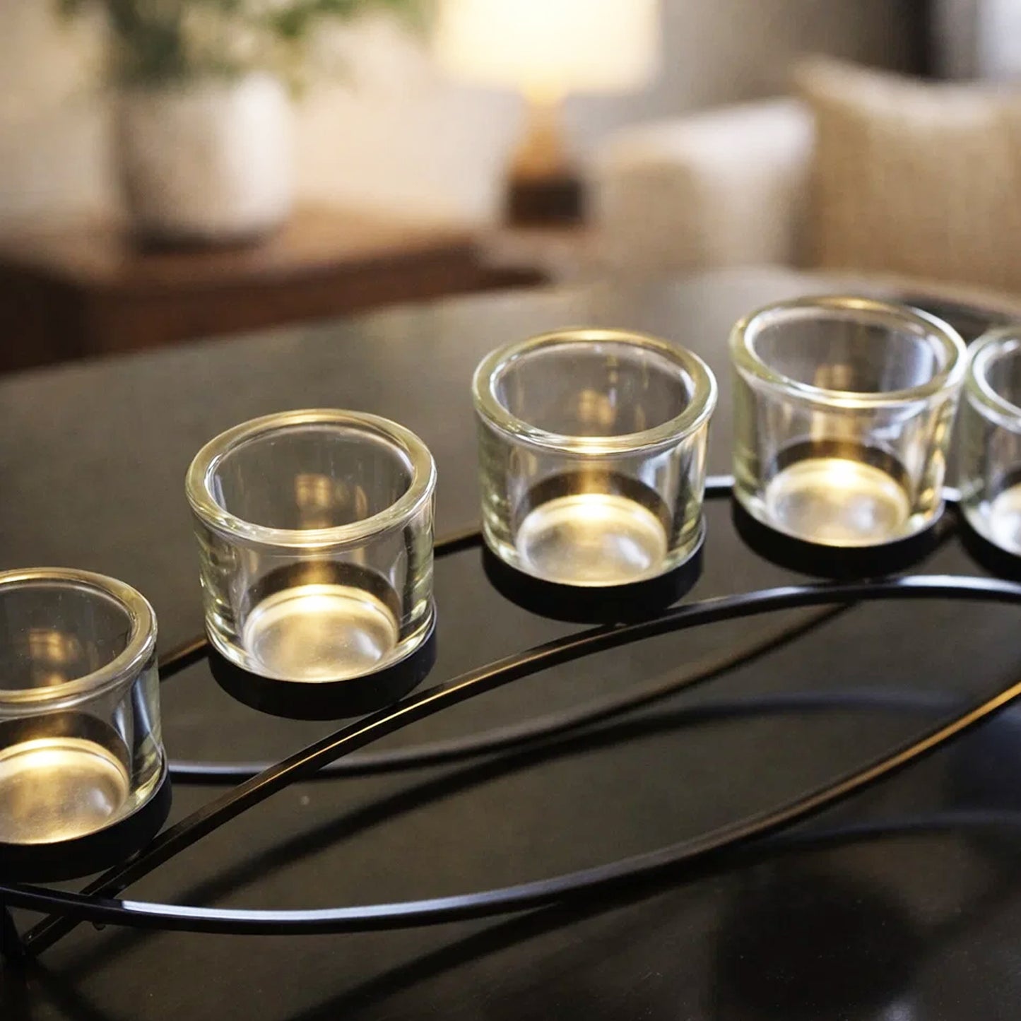 5-Cup Arch Candle Holder Centerpiece, Black with Clear Cups