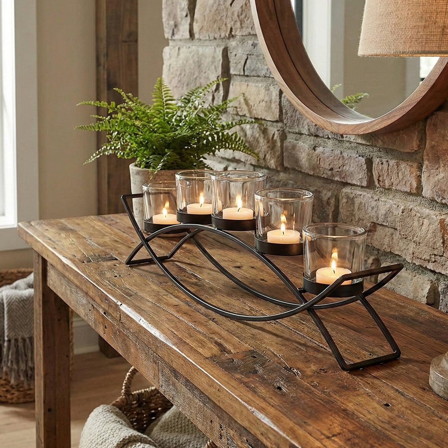 5-Cup Arch Candle Holder Centerpiece, Black with Clear Cups