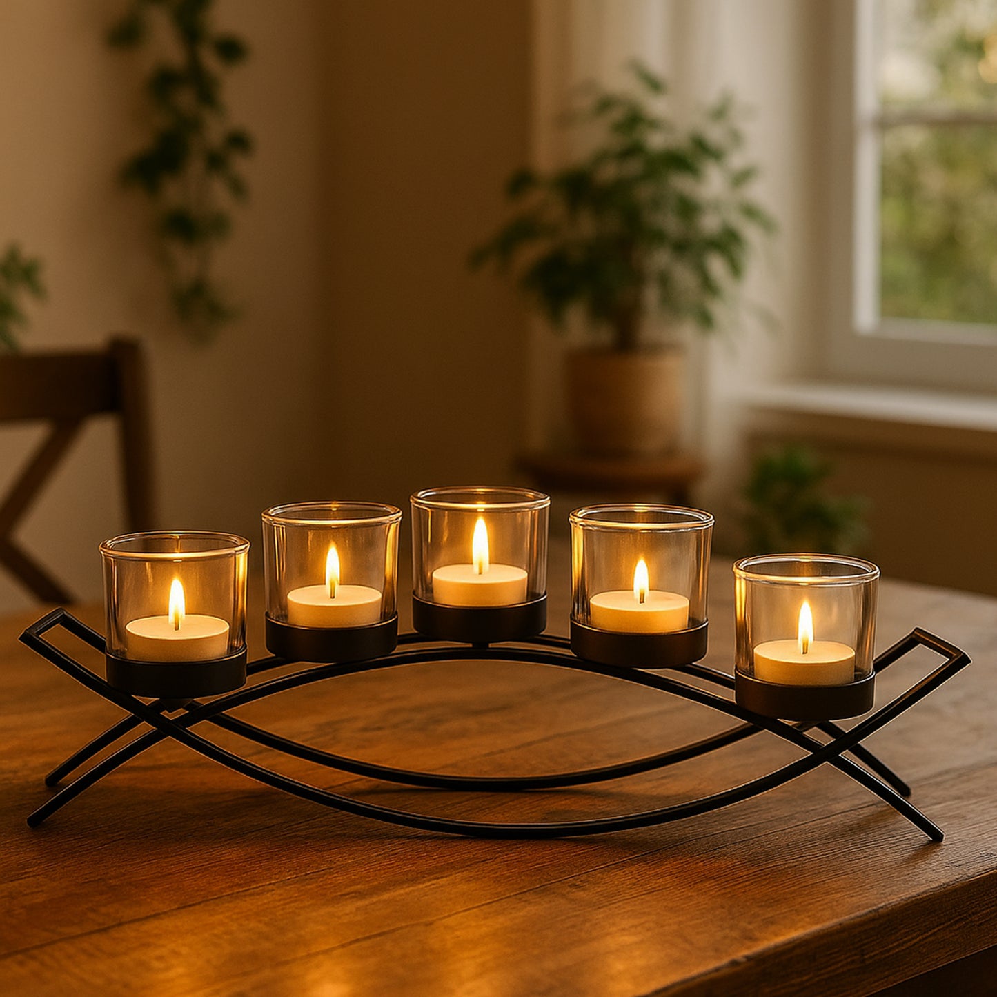 5-Cup Arch Candle Holder Centerpiece, Black with Clear Cups