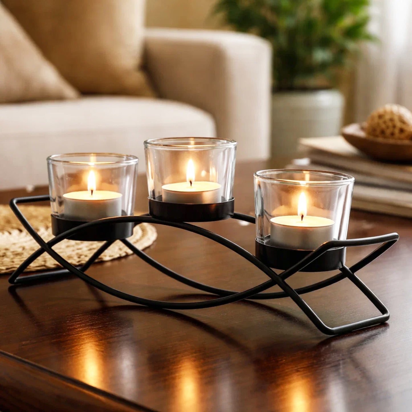 3-Cup Arch Candle Holder Centerpiece, Black with Clear Cups