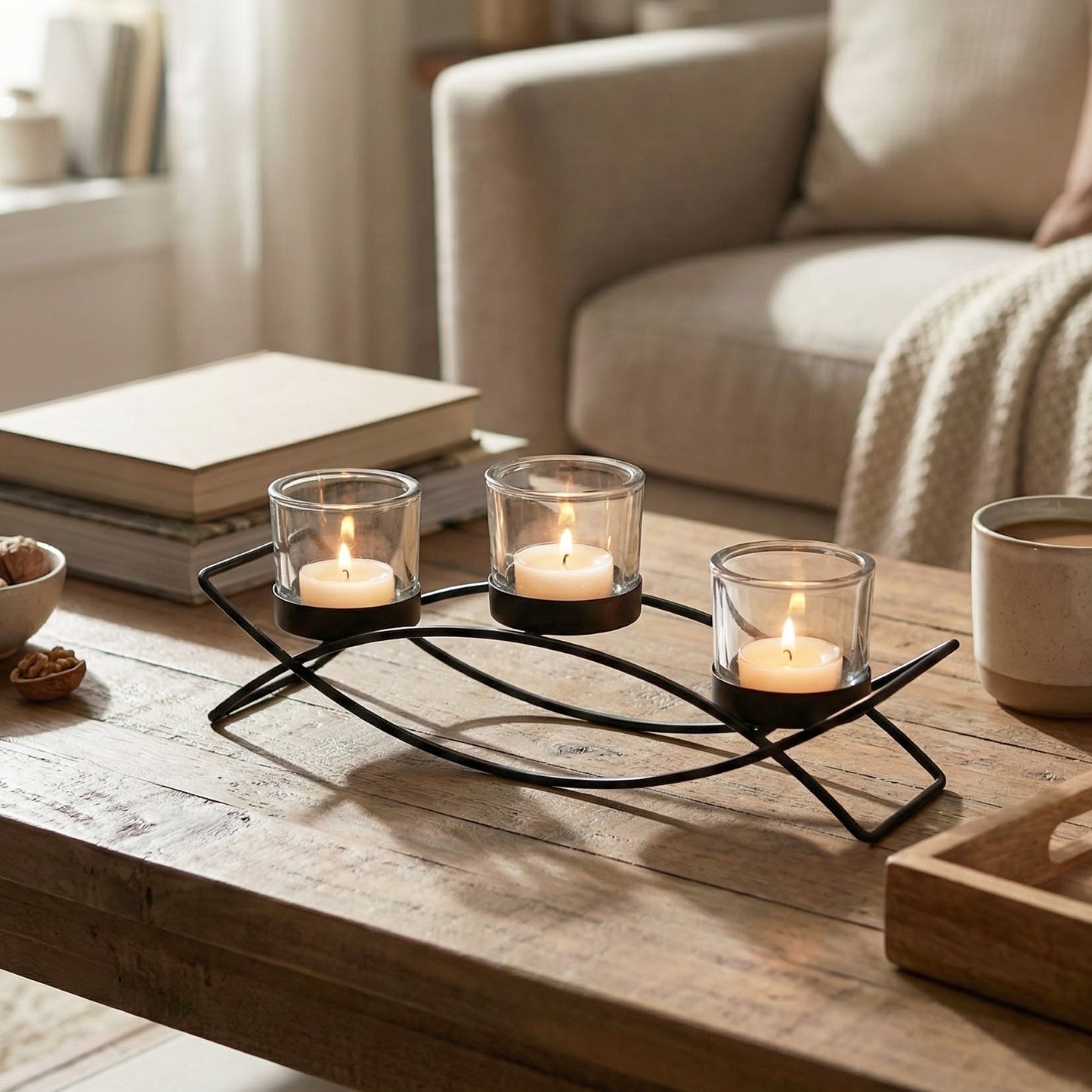 3-Cup Arch Candle Holder Centerpiece, Black with Clear Cups