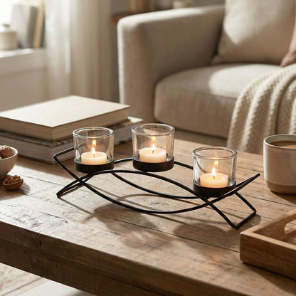 3-Cup Arch Candle Holder Centerpiece, Black with Clear Cups