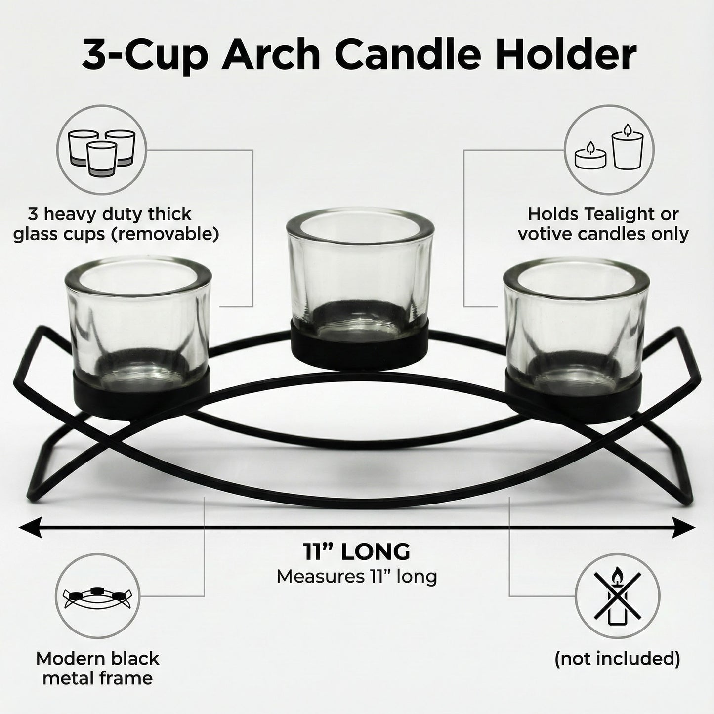 3-Cup Arch Candle Holder Centerpiece, Black with Clear Cups