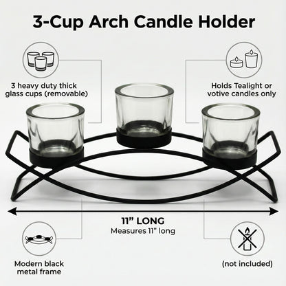 3-Cup Arch Candle Holder Centerpiece, Black with Clear Cups