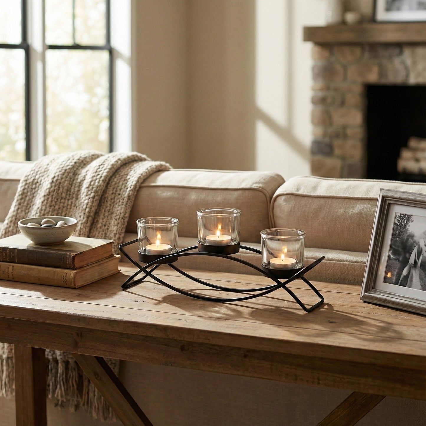 3-Cup Arch Candle Holder Centerpiece, Black with Clear Cups
