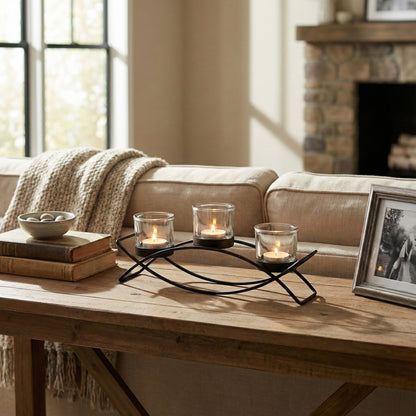 3-Cup Arch Candle Holder Centerpiece, Black with Clear Cups