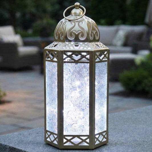 White Gold Moroccan Candle Lantern with LED Lights, Large