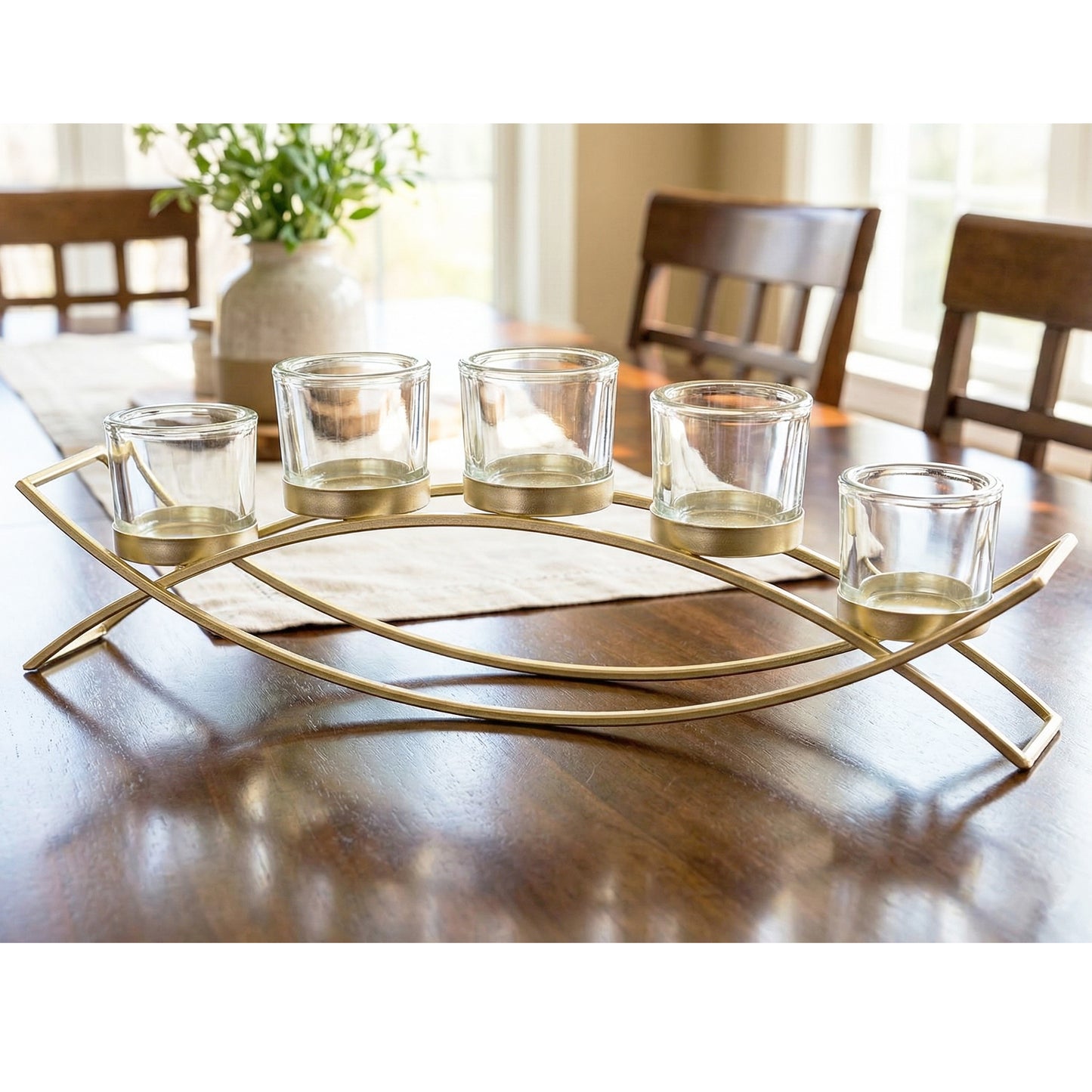 5-Cup Arch Candle Holder Centerpiece, Gold with Clear Cups