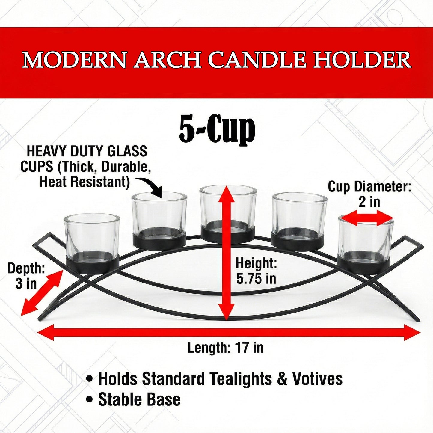 5-Cup Arch Candle Holder Centerpiece, Gold with Clear Cups