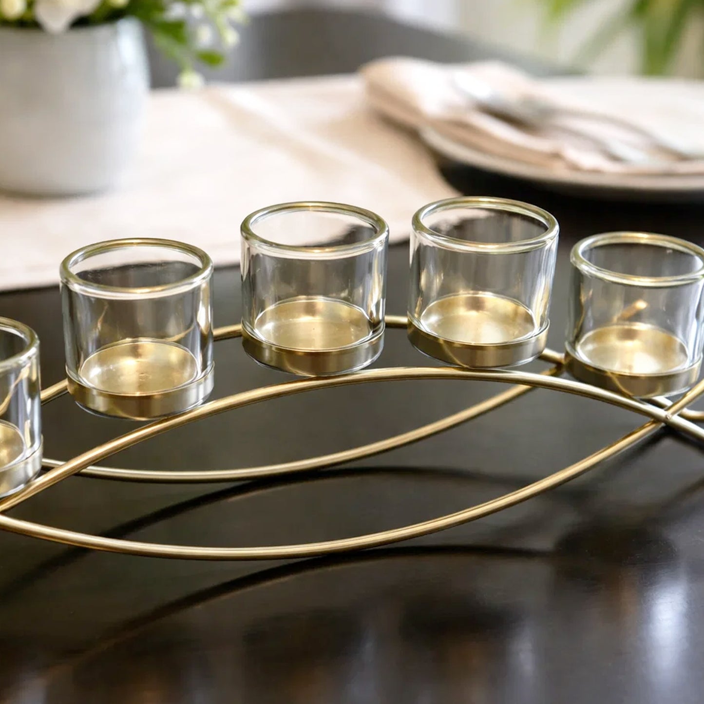5-Cup Arch Candle Holder Centerpiece, Gold with Clear Cups