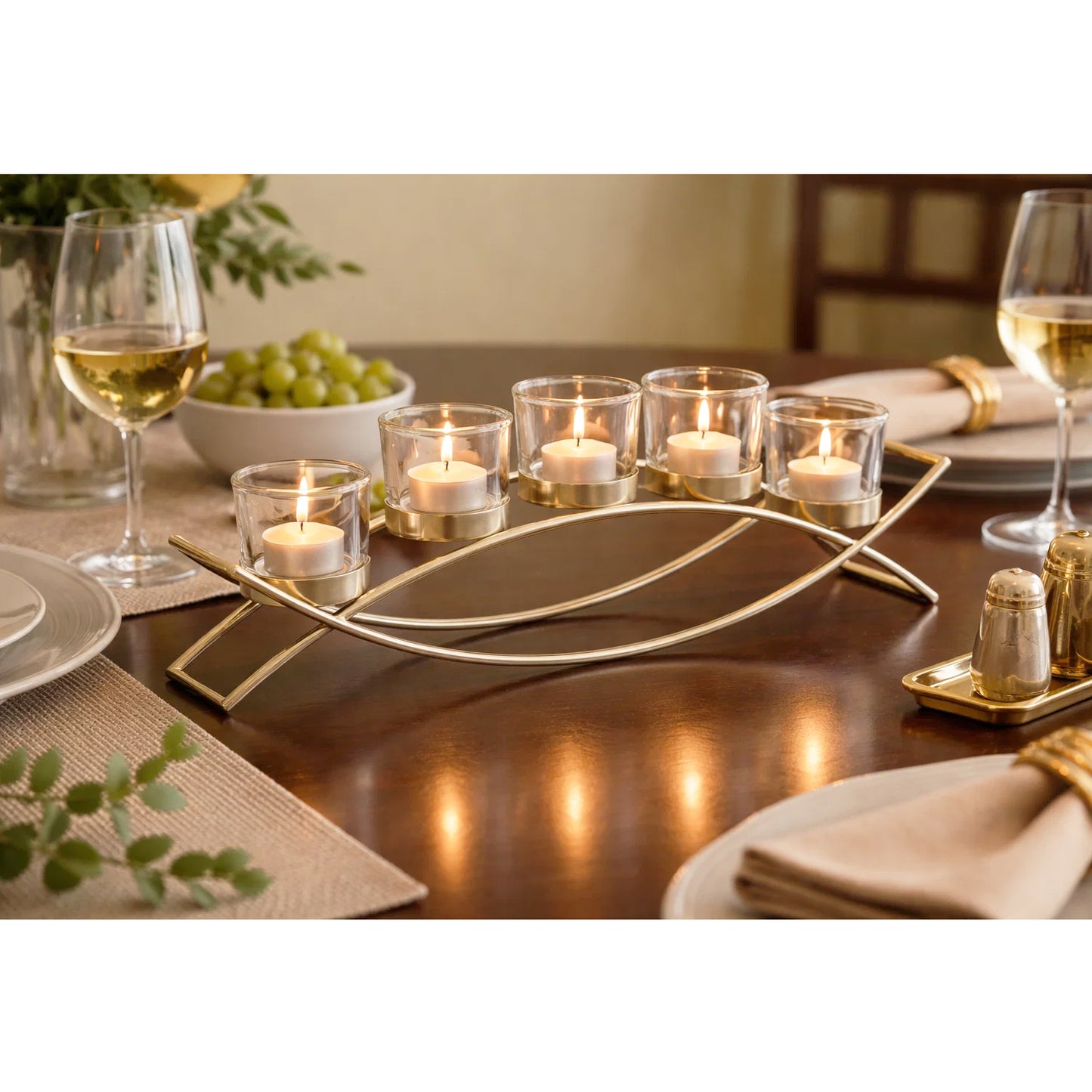 5-Cup Arch Candle Holder Centerpiece, Gold with Clear Cups