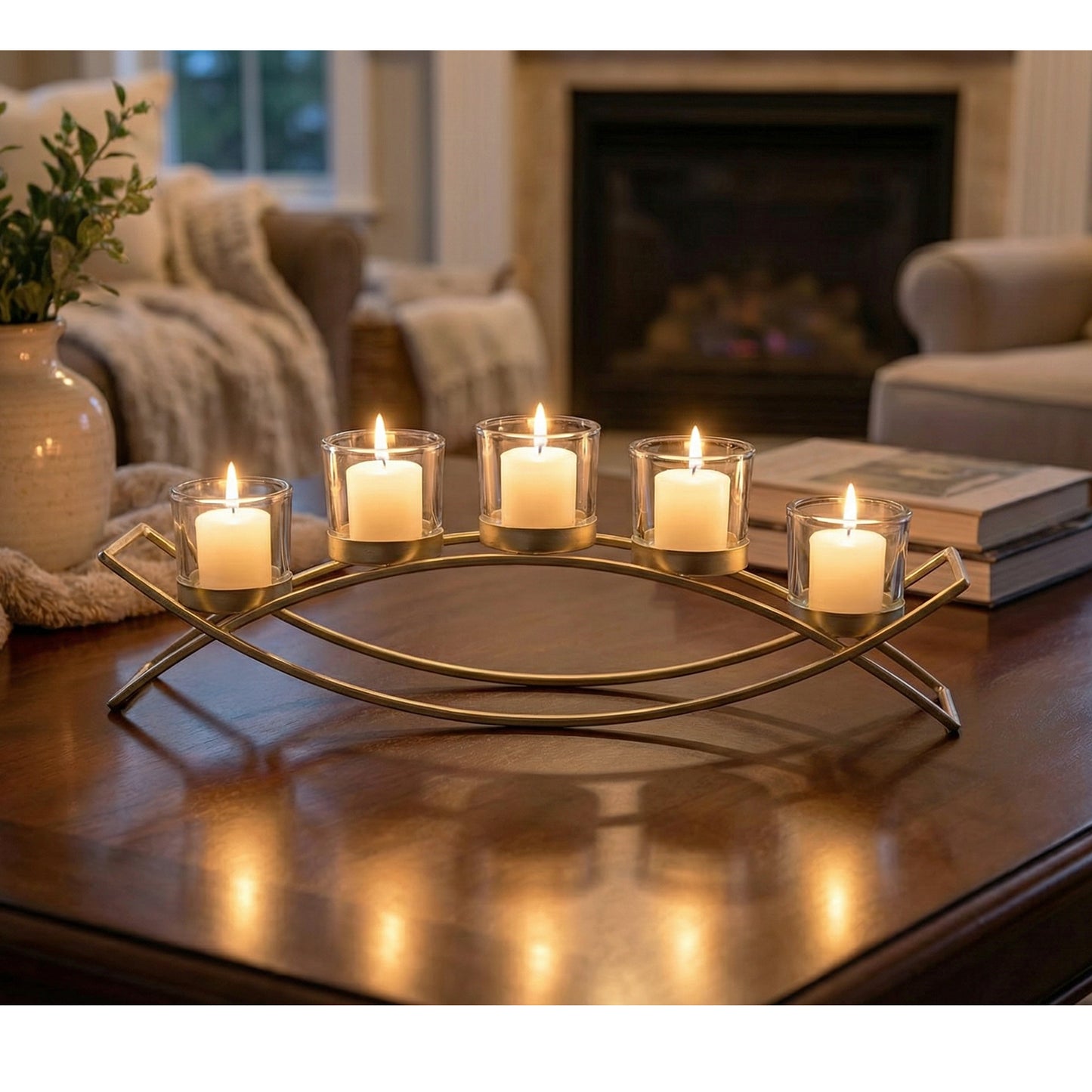 5-Cup Arch Candle Holder Centerpiece, Gold with Clear Cups