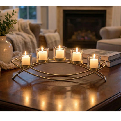 5-Cup Arch Candle Holder Centerpiece, Gold with Clear Cups