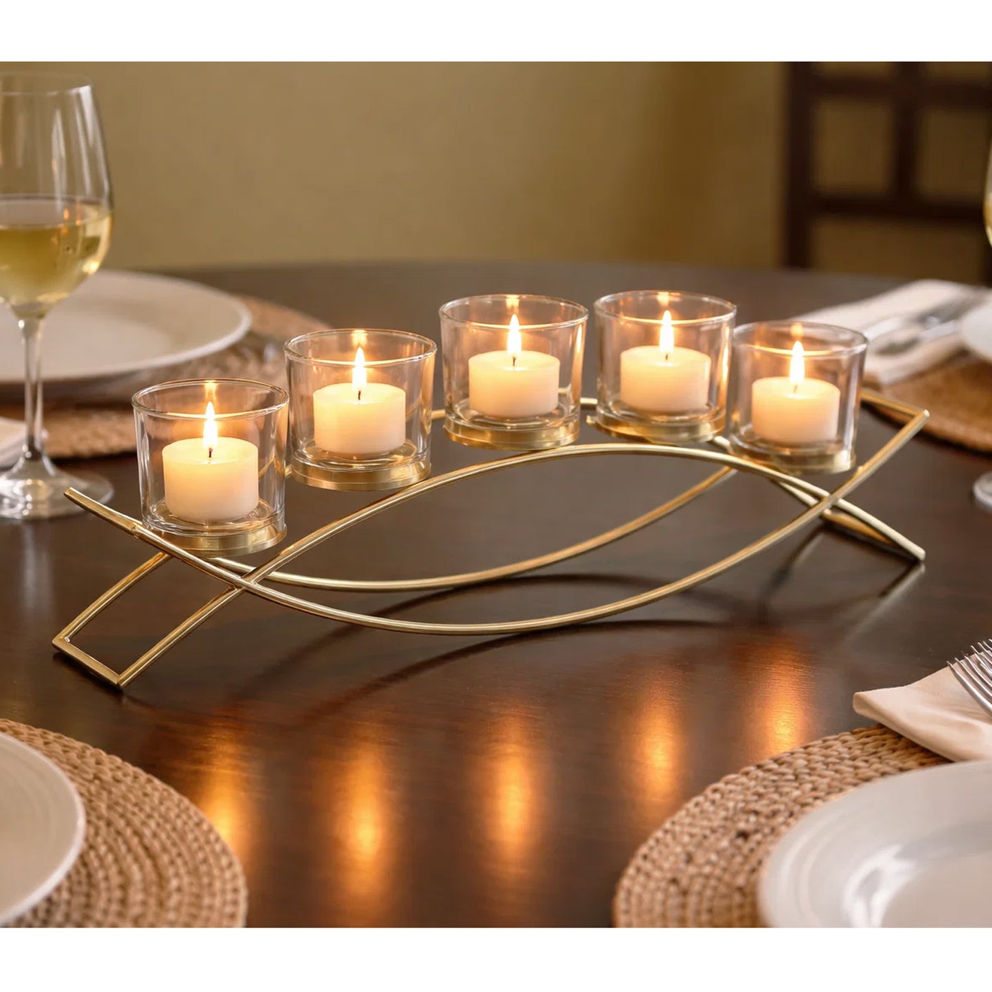 5-Cup Arch Candle Holder Centerpiece, Gold with Clear Cups